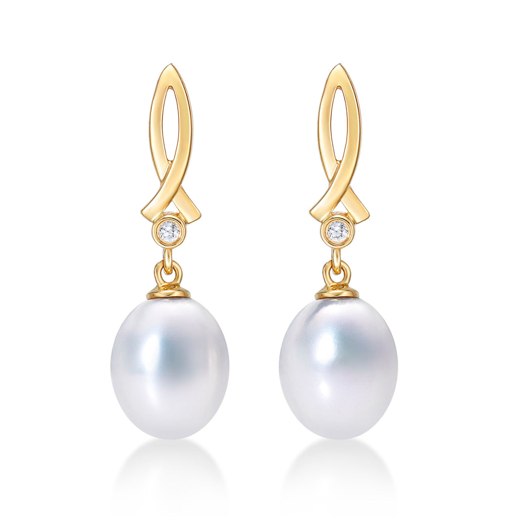 Freshwater Pearl Drop Earrings Pearls & Cubic Zirconia 9K Yellow Gold