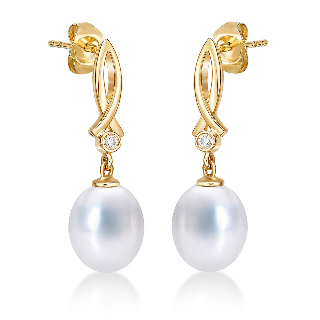 Freshwater Pearl Drop Earrings Pearls & Cubic Zirconia 9K Yellow Gold