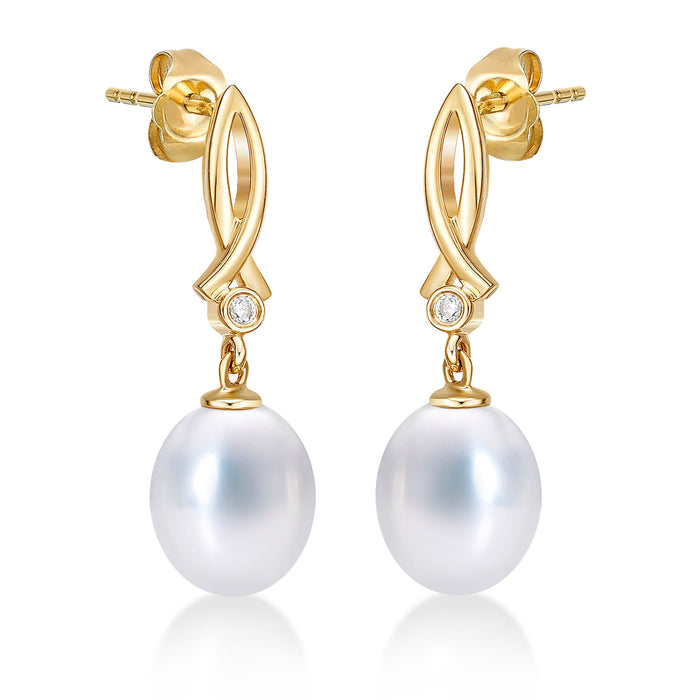 Freshwater Pearl Drop Earrings Pearls & Cubic Zirconia 9K Yellow Gold
