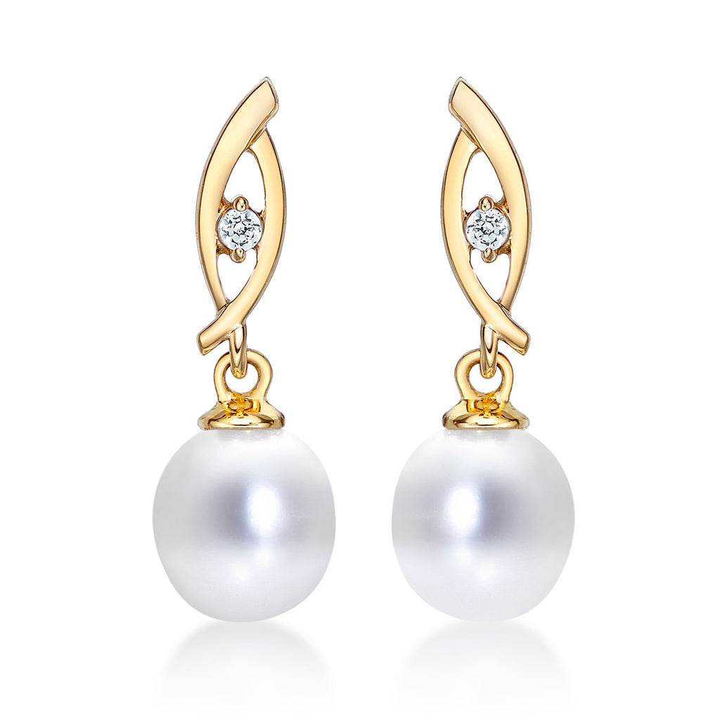 Freshwater Pearl Drop Earrings Pearls & Cubic Zirconia 9K Yellow Gold