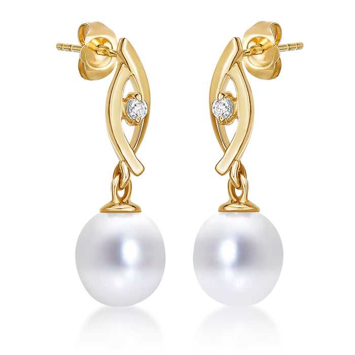 Pearl Drop Earrings Freshwater Pearls & Cubic Zirconia 9K Yellow Gold