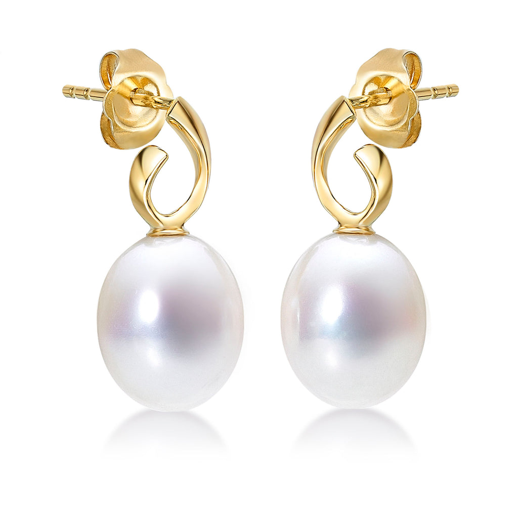 Freshwater Pearl Drop Earrings with White Drop Pearls in 9K Yellow Gold