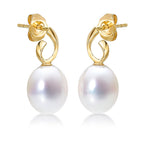 Freshwater Pearl Drop Earrings with White Drop Pearls in 9K Yellow Gold