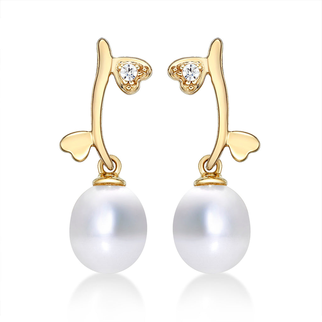Pearl Drop Earrings with Cubic Zirconia Hearts in 9K Yellow Gold