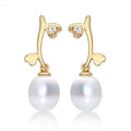 Pearl Drop Earrings with Cubic Zirconia Hearts in 9K Yellow Gold