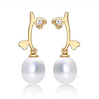 Pearl Drop Earrings with Cubic Zirconia Hearts in 9K Yellow Gold