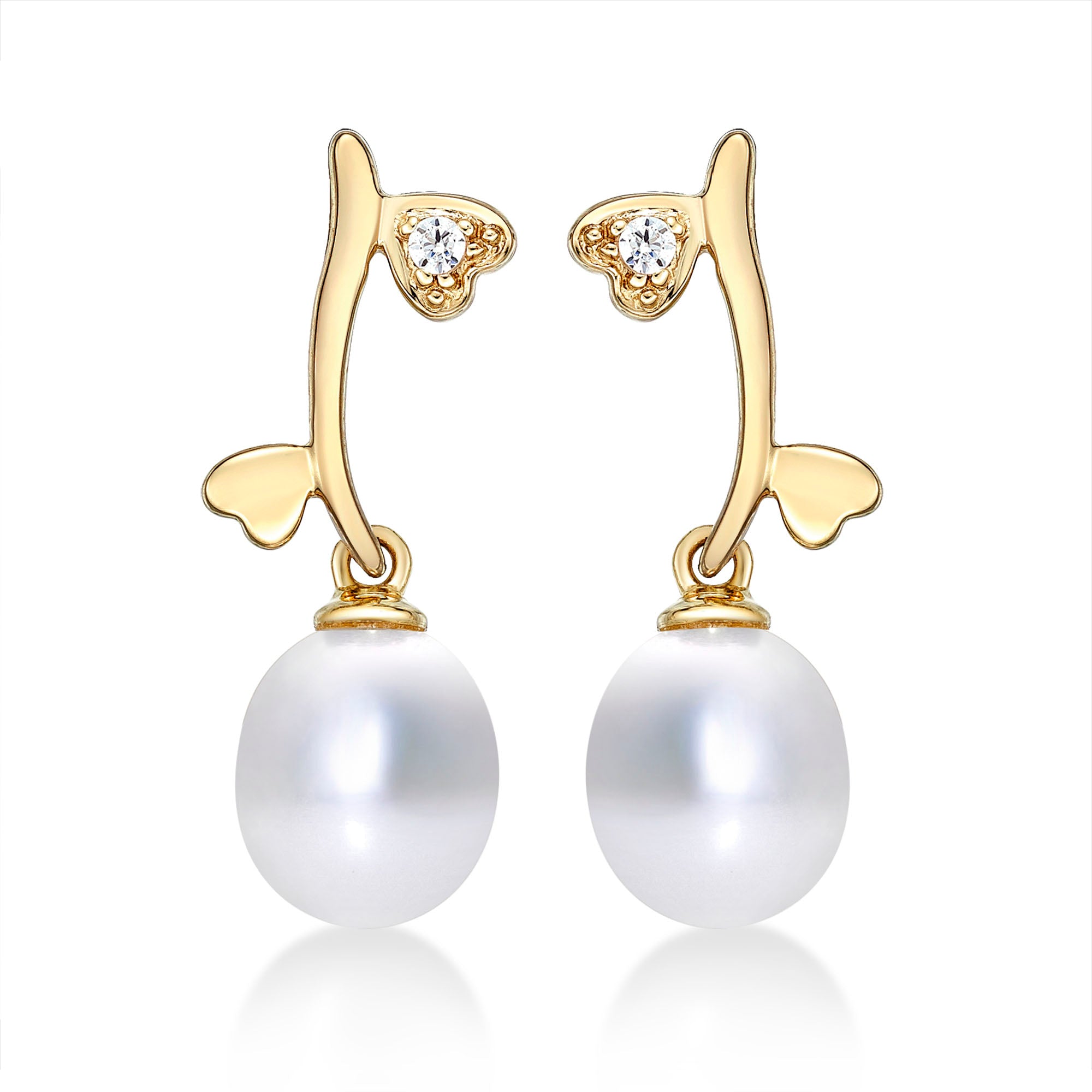 Pearl Drop Earrings with Cubic Zirconia Hearts in 9K Yellow Gold