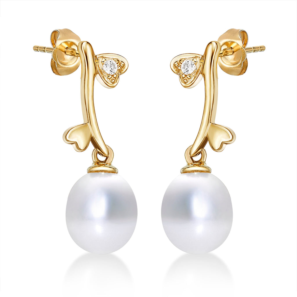 Pearl Drop Earrings with Cubic Zirconia Hearts in 9K Yellow Gold
