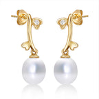 Pearl Drop Earrings with Cubic Zirconia Hearts in 9K Yellow Gold