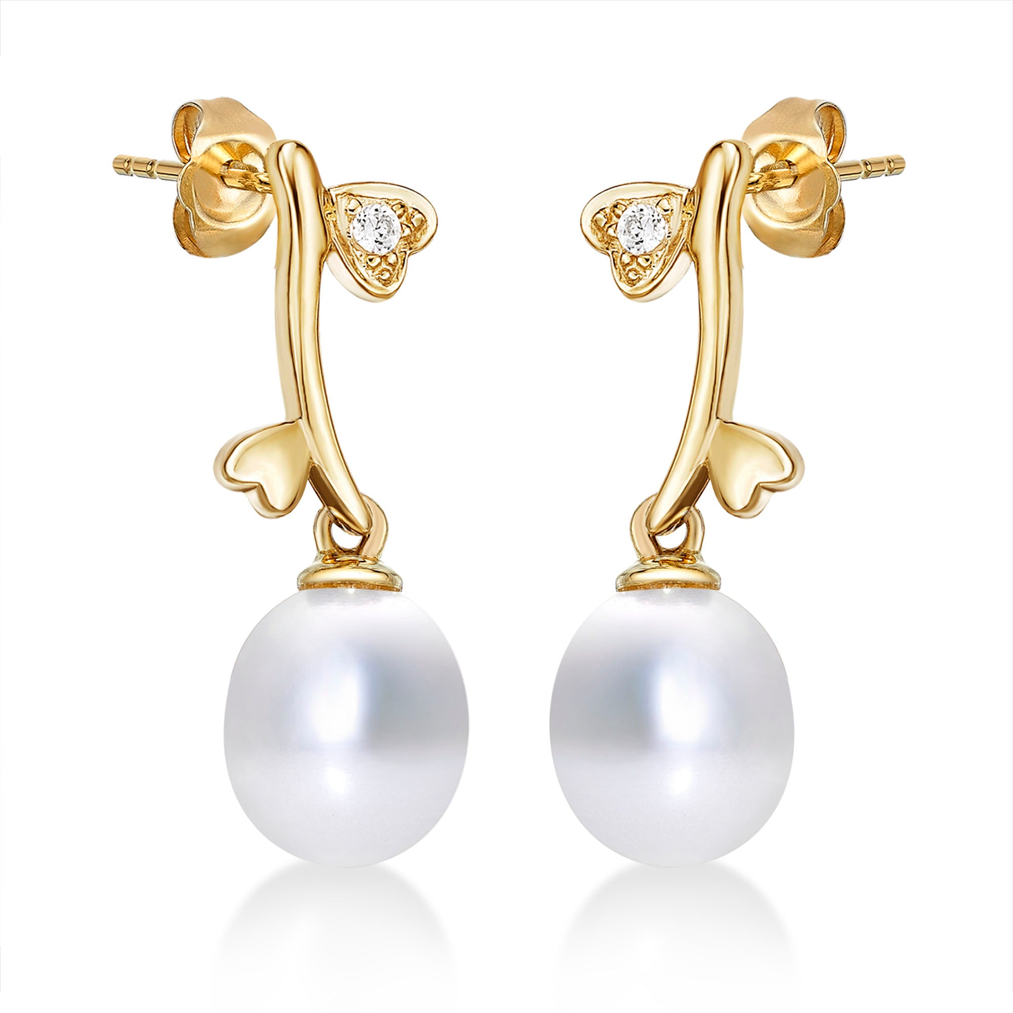 Pearl Drop Earrings with Cubic Zirconia Hearts in 9K Yellow Gold