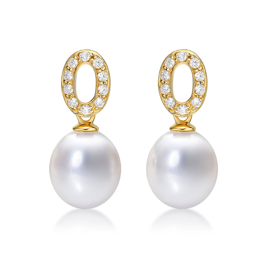 Pearl Drop Earrings wtih White Pearl & Cubic Zirconia in 9K Yellow Gold