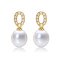 Pearl Drop Earrings wtih White Pearl & Cubic Zirconia in 9K Yellow Gold