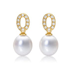 Pearl Drop Earrings wtih White Pearl & Cubic Zirconia in 9K Yellow Gold