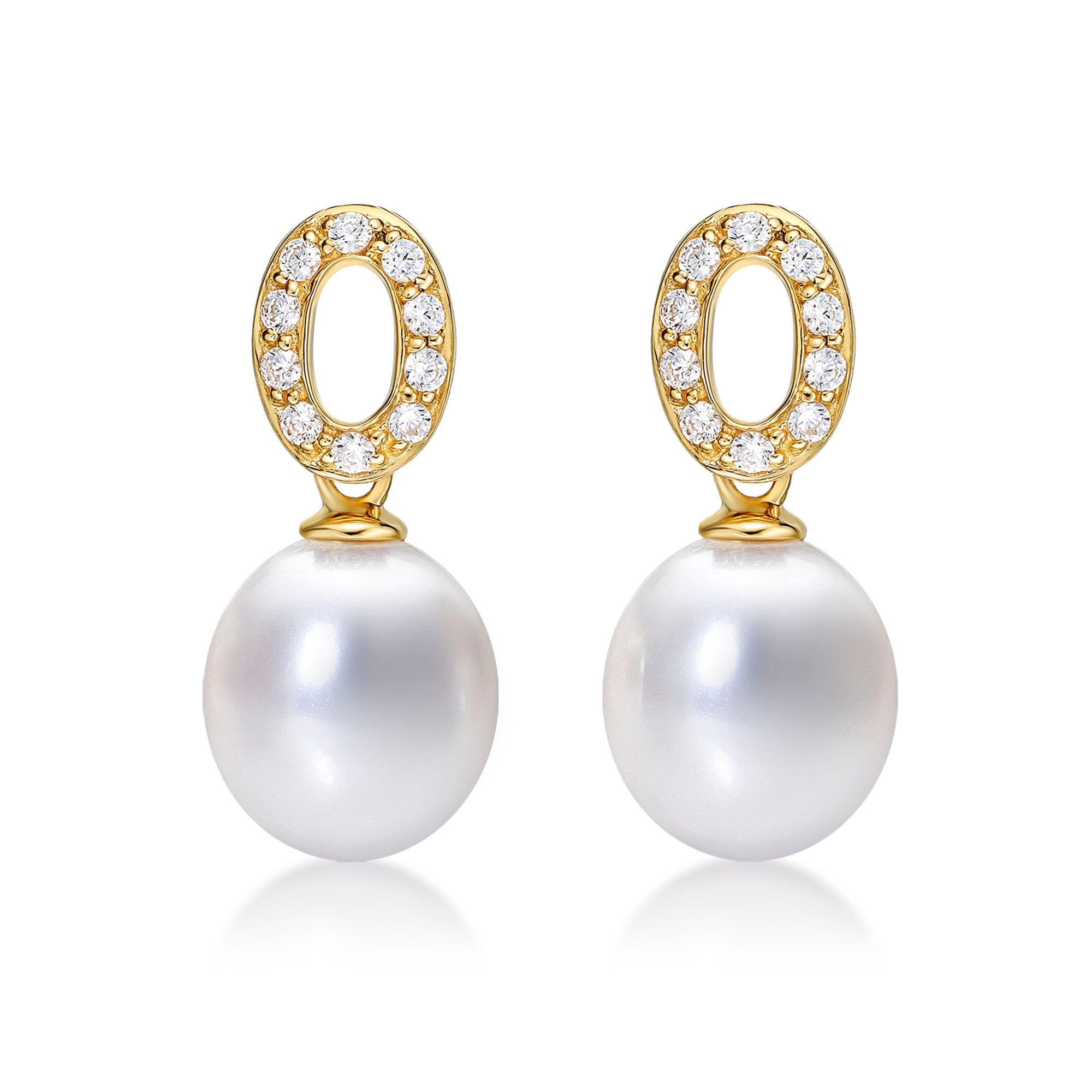 Pearl Drop Earrings wtih White Pearl & Cubic Zirconia in 9K Yellow Gold
