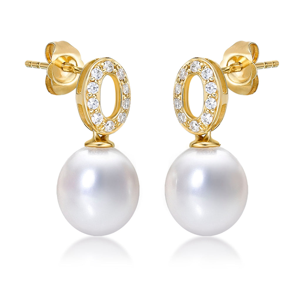 Pearl Drop Earrings wtih White Pearl & Cubic Zirconia in 9K Yellow Gold
