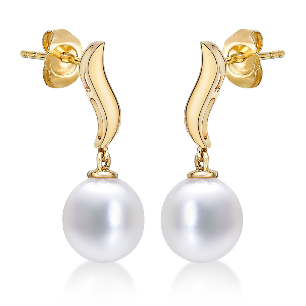 Freshwater Pearl Drop Earrings with White Drop Pearls in 9K Yellow Gold