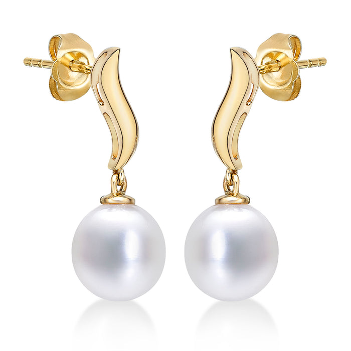 Freshwater Pearl Drop Earrings with White Drop Pearls in 9K Yellow Gold