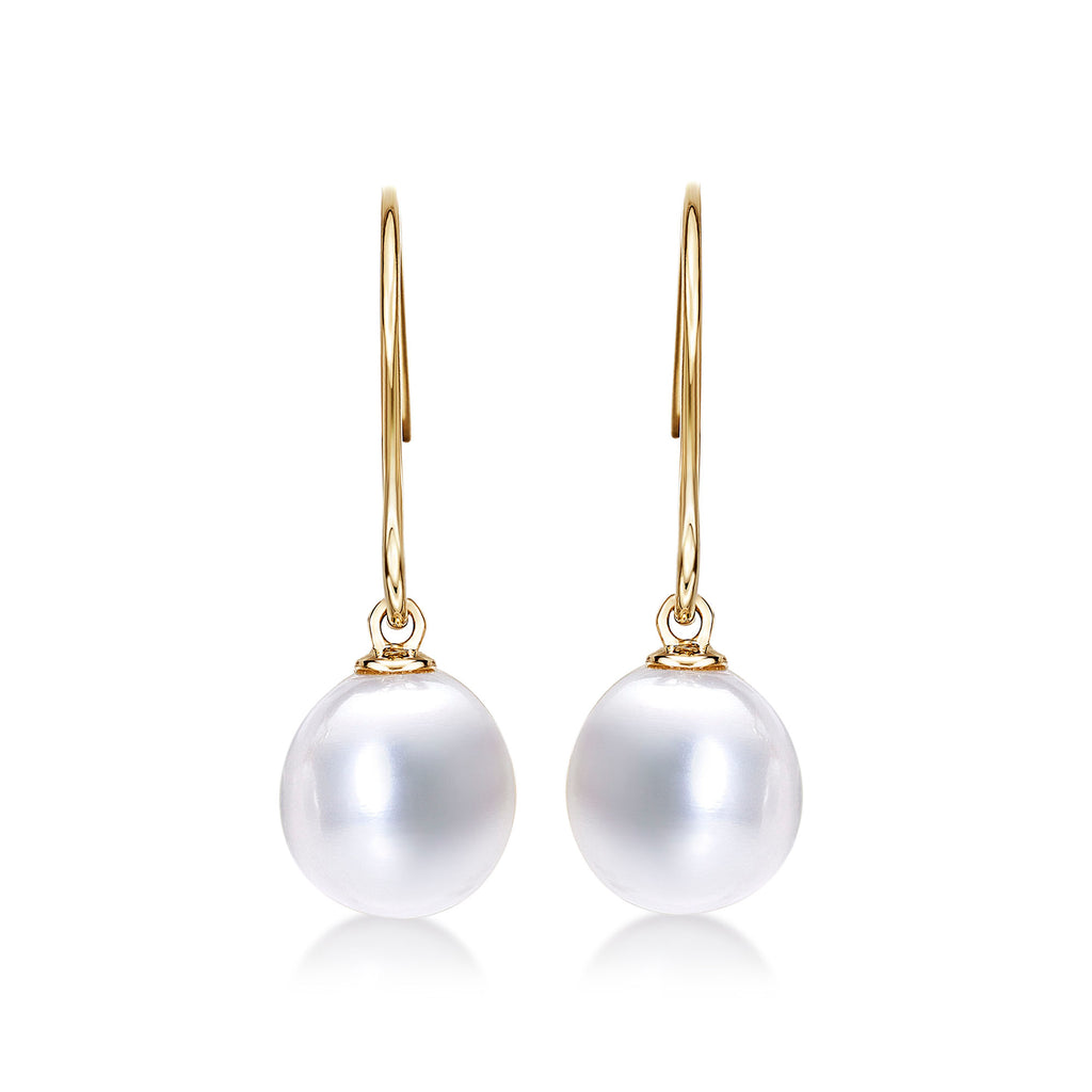 Pearl Drop Earrings with White Freshwater Drop Pearls in 9K Yellow Gold