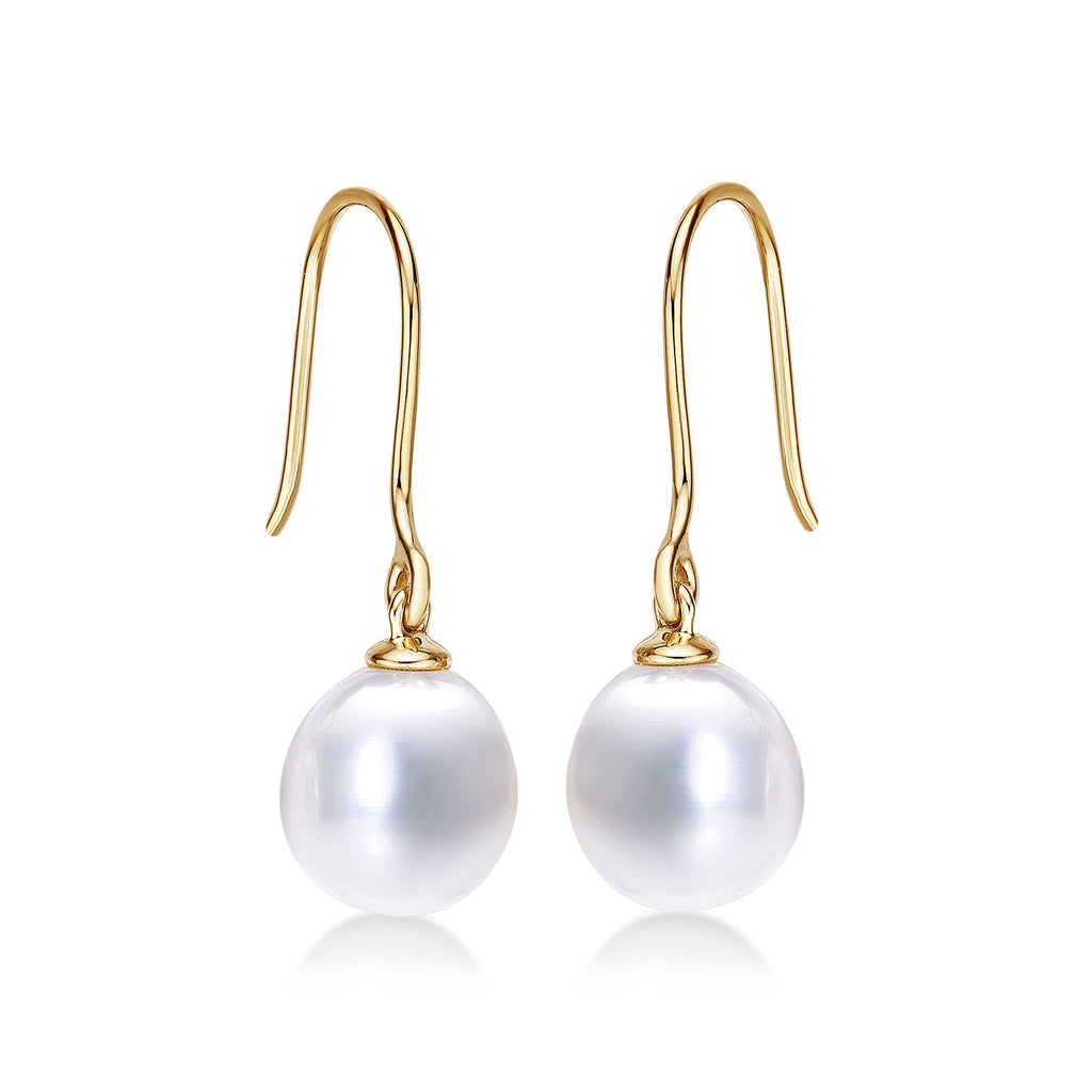 Pearl Drop Earrings with White Freshwater Drop Pearls in 9K Yellow Gold