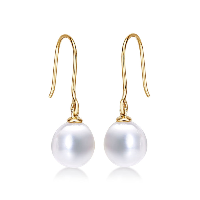 Pearl Drop Earrings with White Freshwater Drop Pearls in 9K Yellow Gold