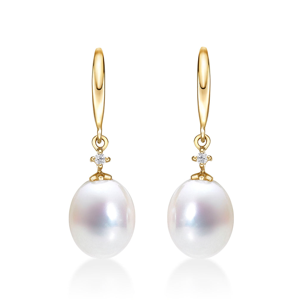 Freshwater Pearl Drop Earrings with White Drop Pearls in 9K Yellow Gold