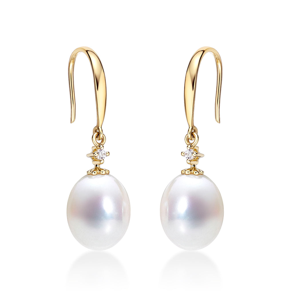 Freshwater Pearl Drop Earrings with White Drop Pearls in 9K Yellow Gold