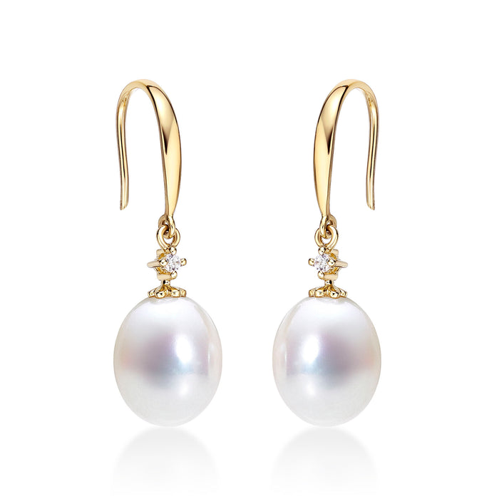 Pearl Drop Earrings with White Pearls & Cubic Zirconia 9K Yellow Gold