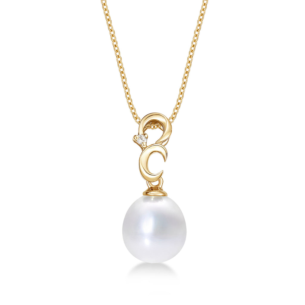 Pearl Necklace with Single Pearl & Cubic Zirconia Stone 9K Yellow Gold