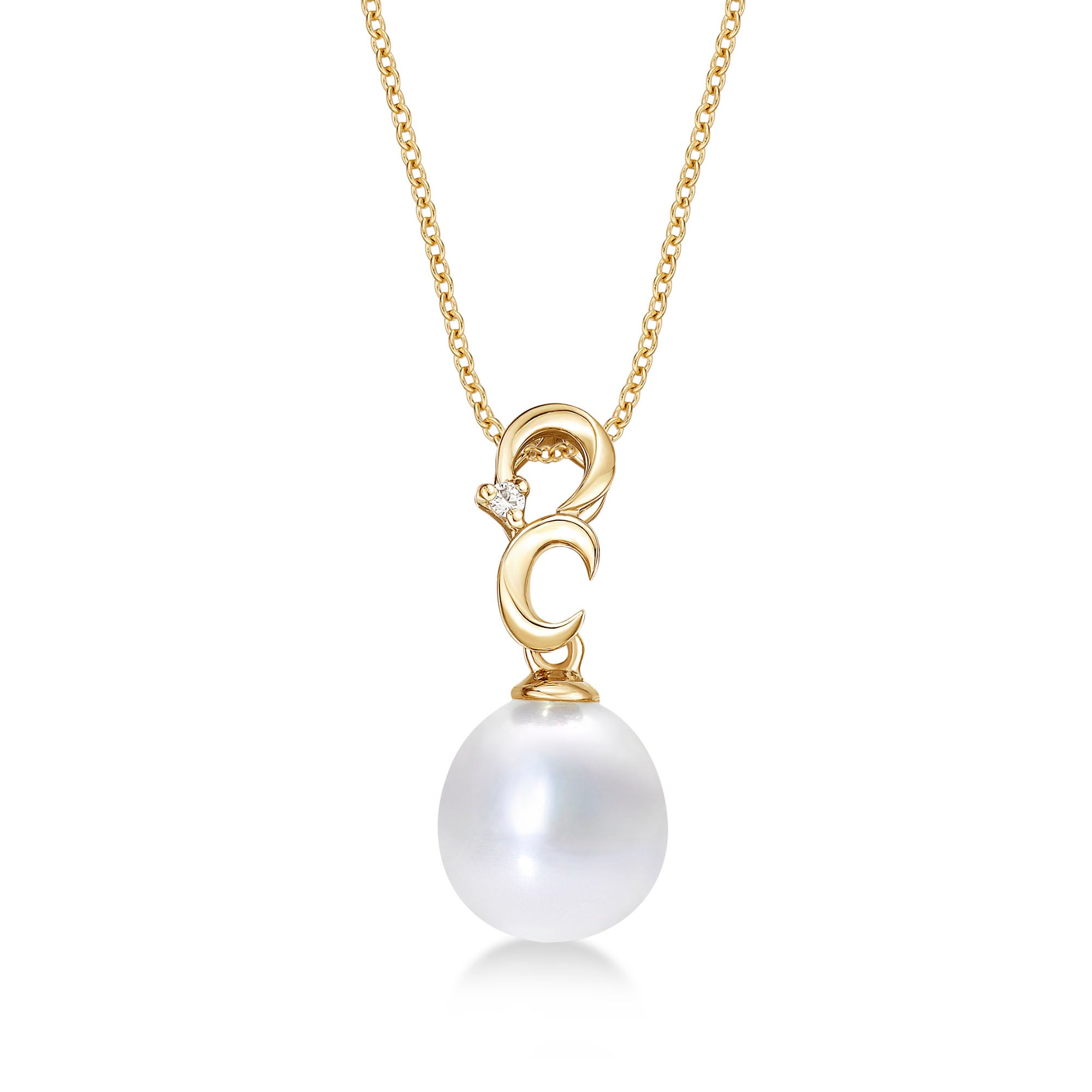 Pearl Necklace with Single Pearl & Cubic Zirconia Stone 9K Yellow Gold