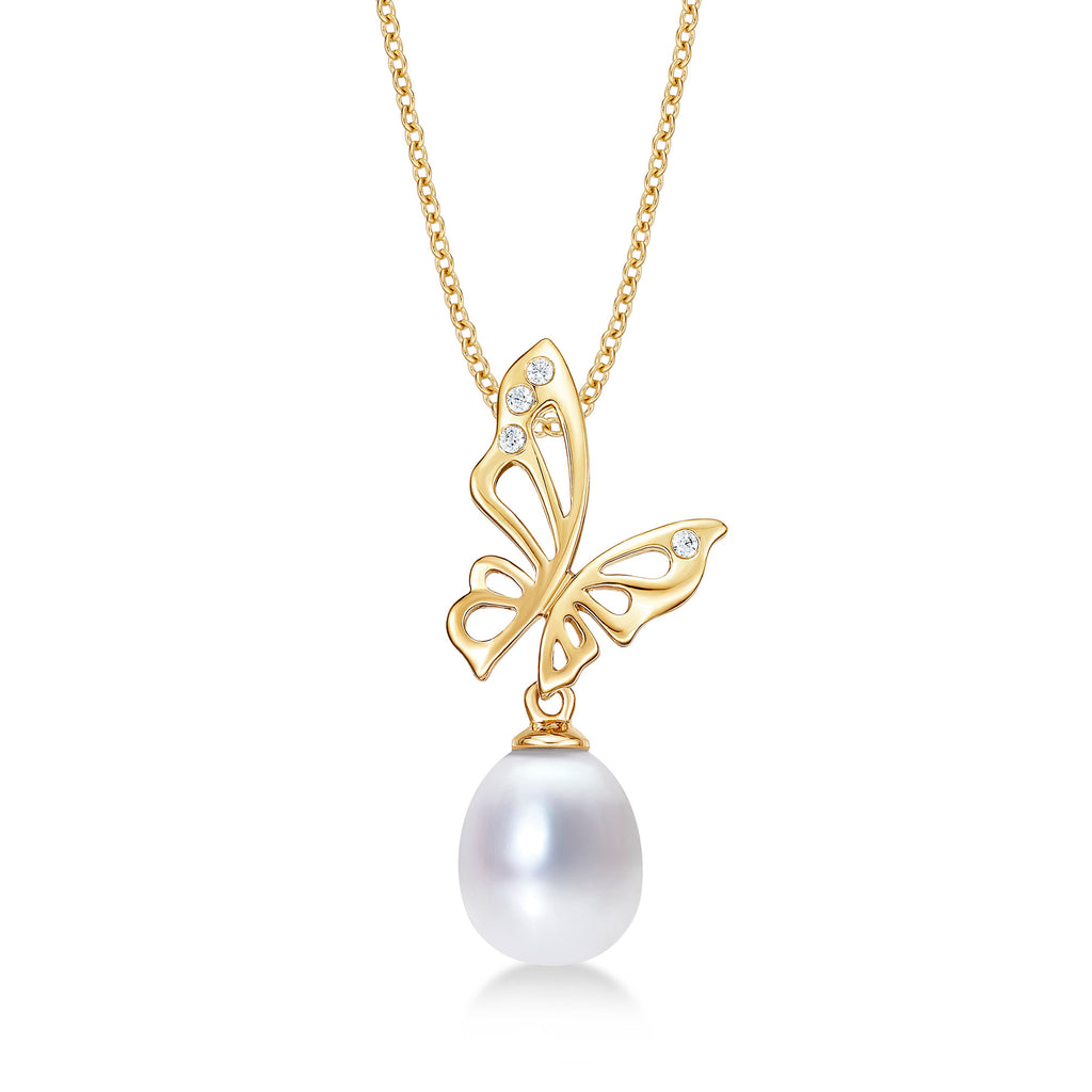 Butterfly Pearl Necklace with Cubic Zirconia Stones 9K Yellow Gold
