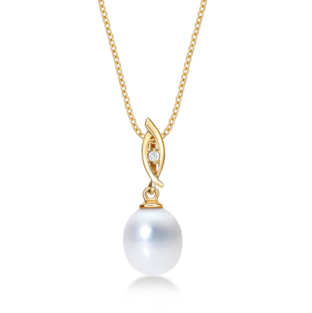 Drop Shaped Pearl Necklace with Cubic Zirconia Stone 9K Yellow Gold