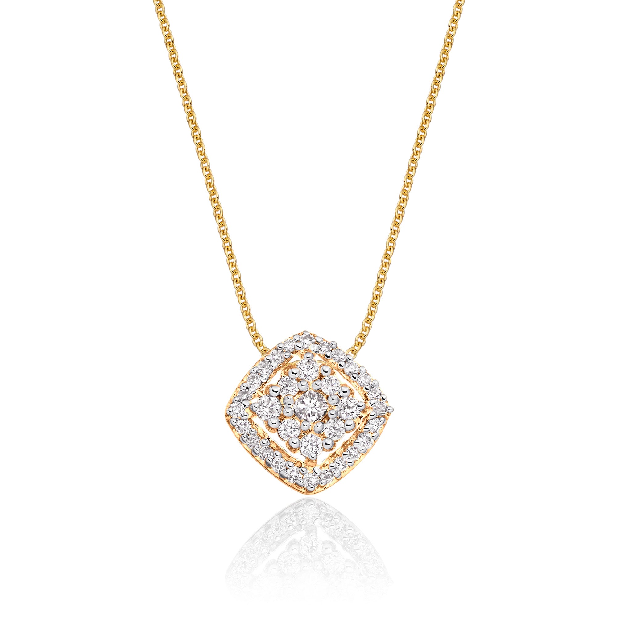Cushion shape 0.25ct cluster diamond pendant in 9K yellow gold
