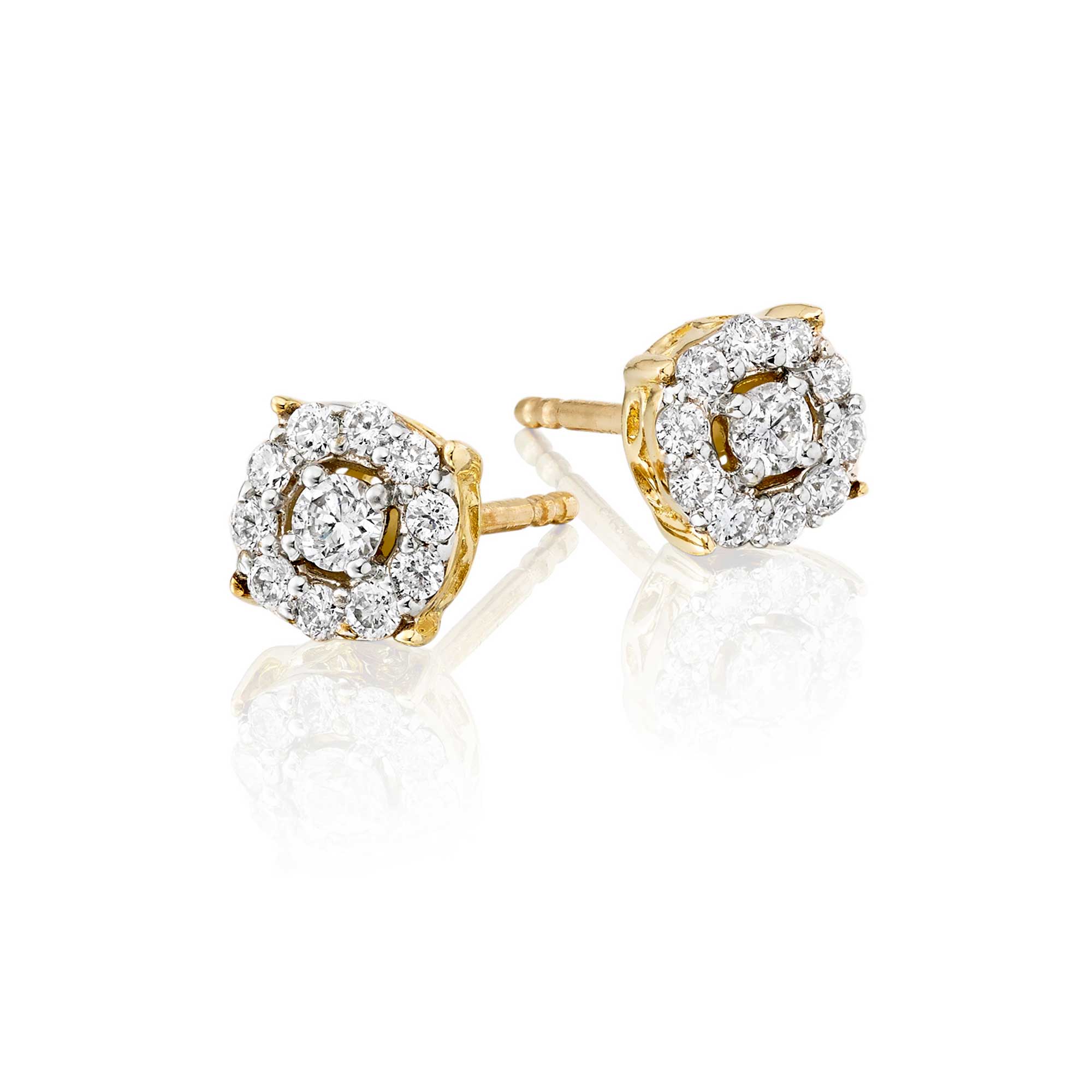 Halo style 0.30ct cluster diamond studs in 9K yellow gold 