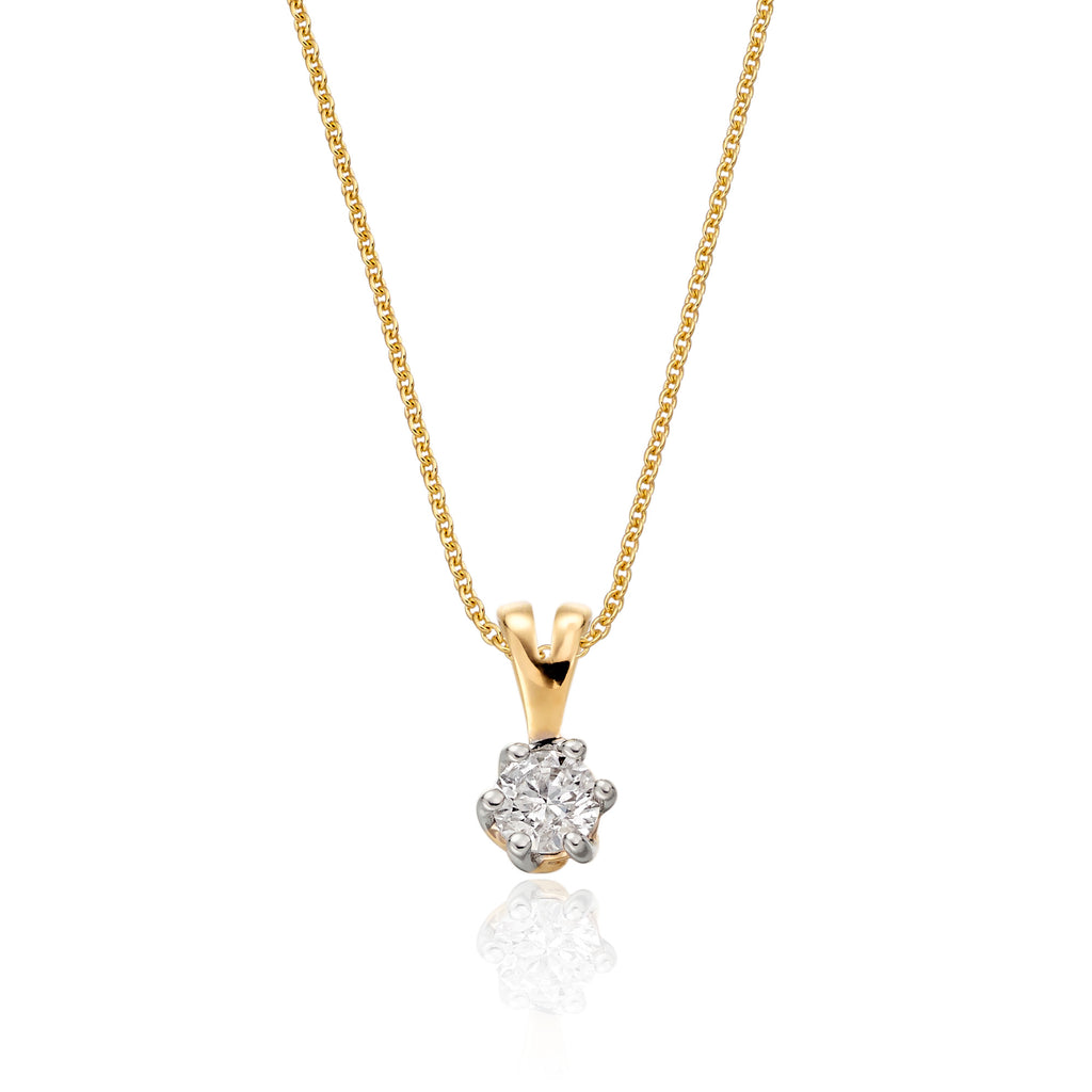 Solitaire 0.20ct 6 claw round diamond twirl pendant in 9K yellow gold