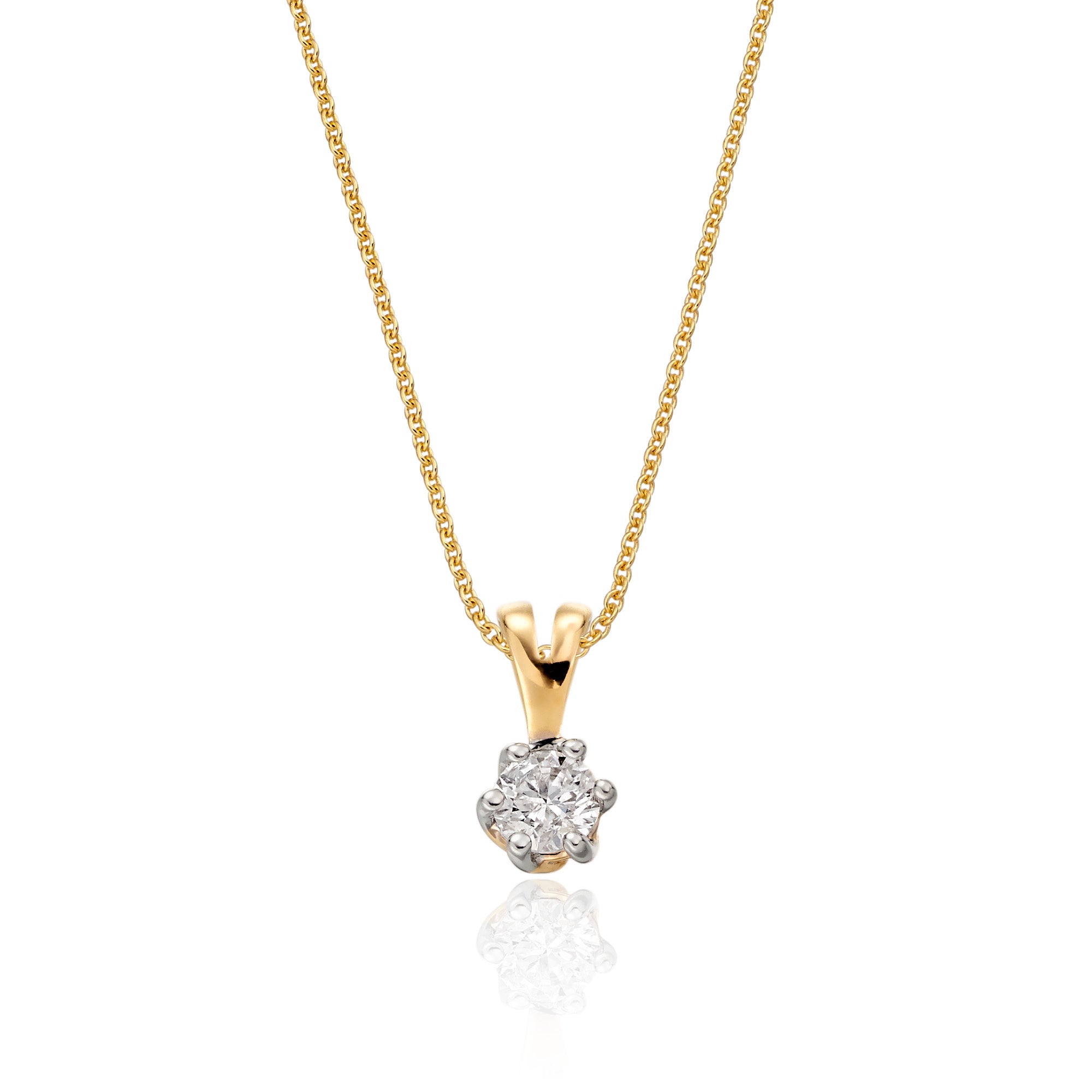 Solitaire 0.20ct 6 claw round diamond twirl pendant in 9K yellow gold
