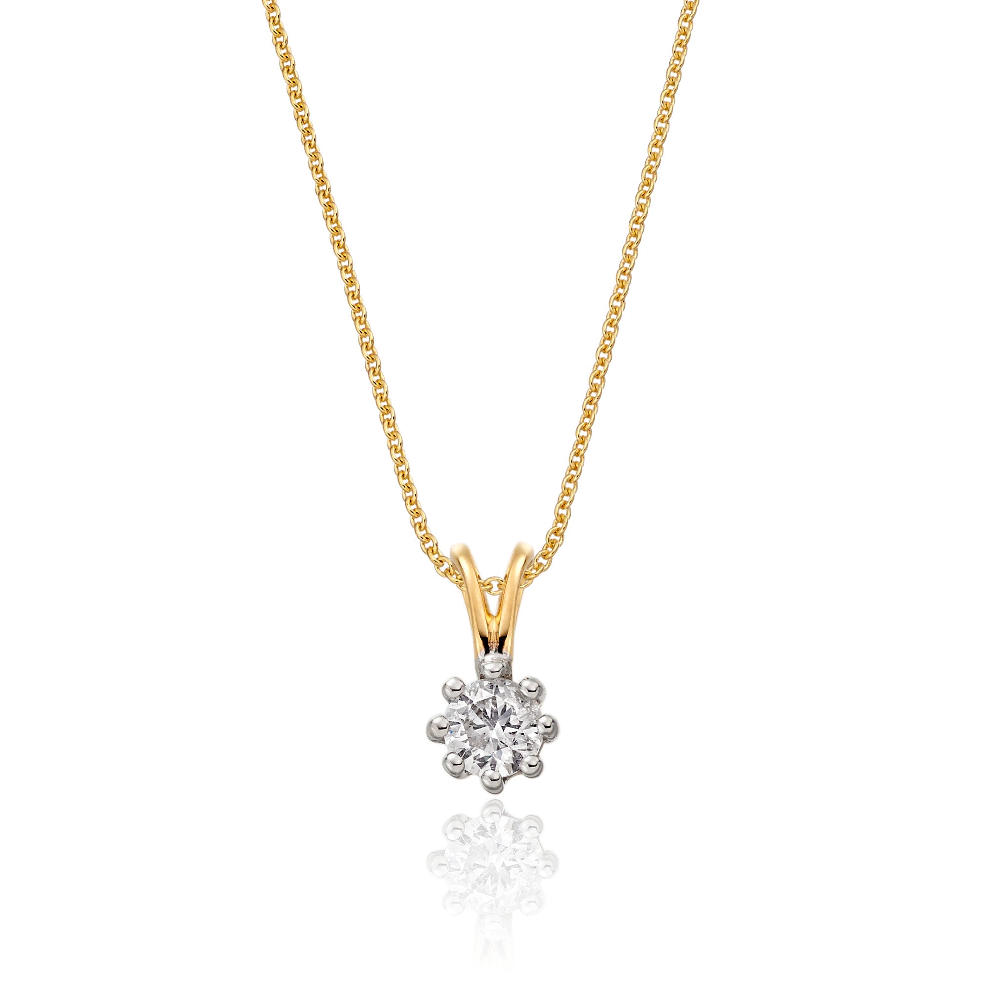 Solitaire 0.20ct 8 claw round diamond pendant in 9K yellow gold