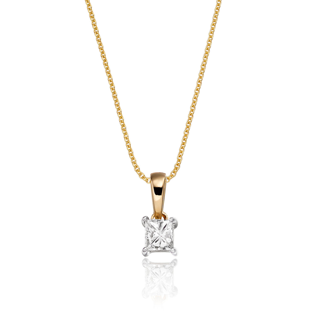 Solitaire 0.20ct 4 claw princess diamond pendant in 9K yellow gold