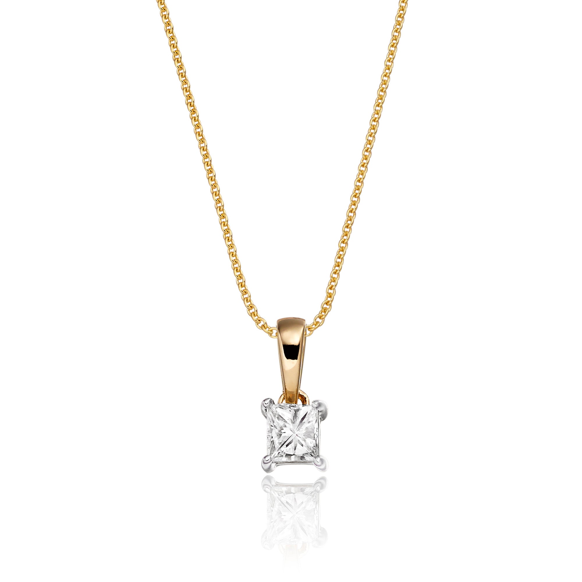 Solitaire 0.20ct 4 claw princess diamond pendant in 9K yellow gold