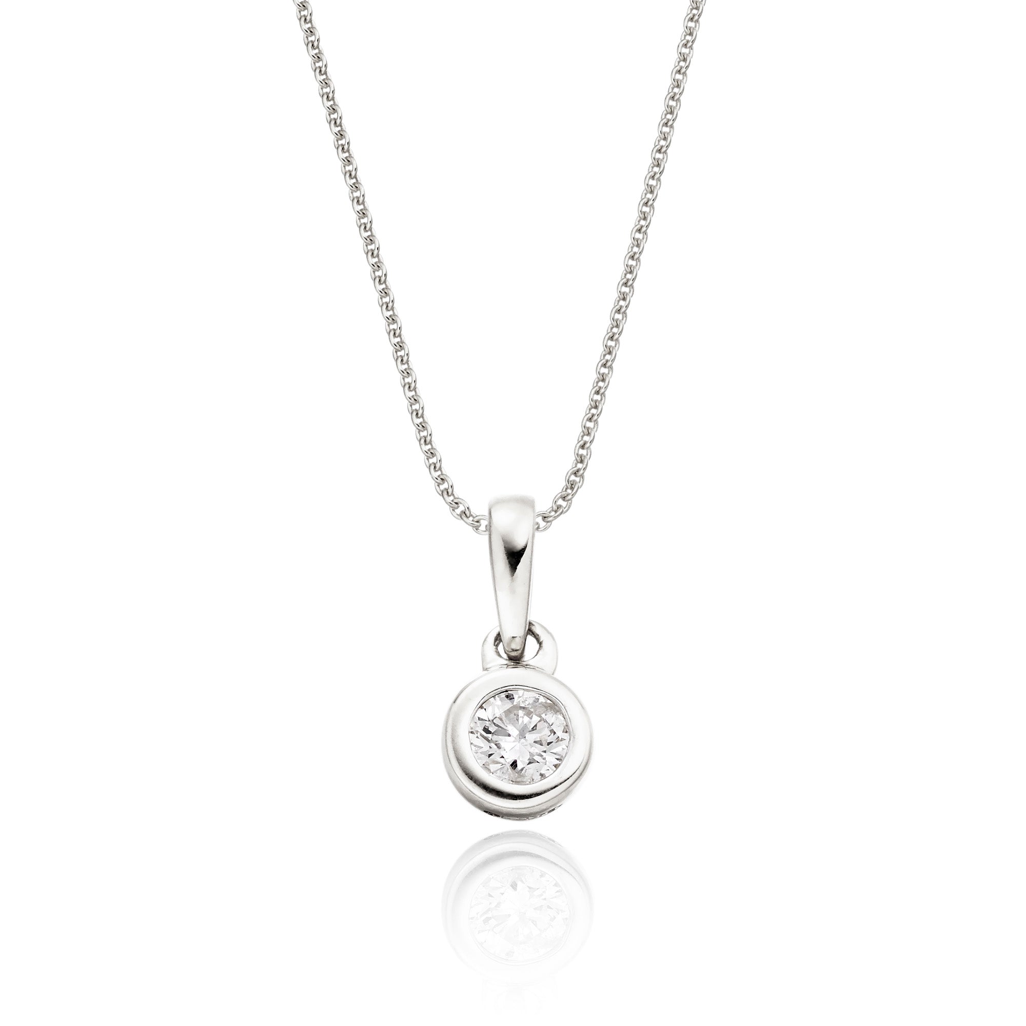 Solitaire 0.20ct bezel set round diamond pendant in 18K white gold