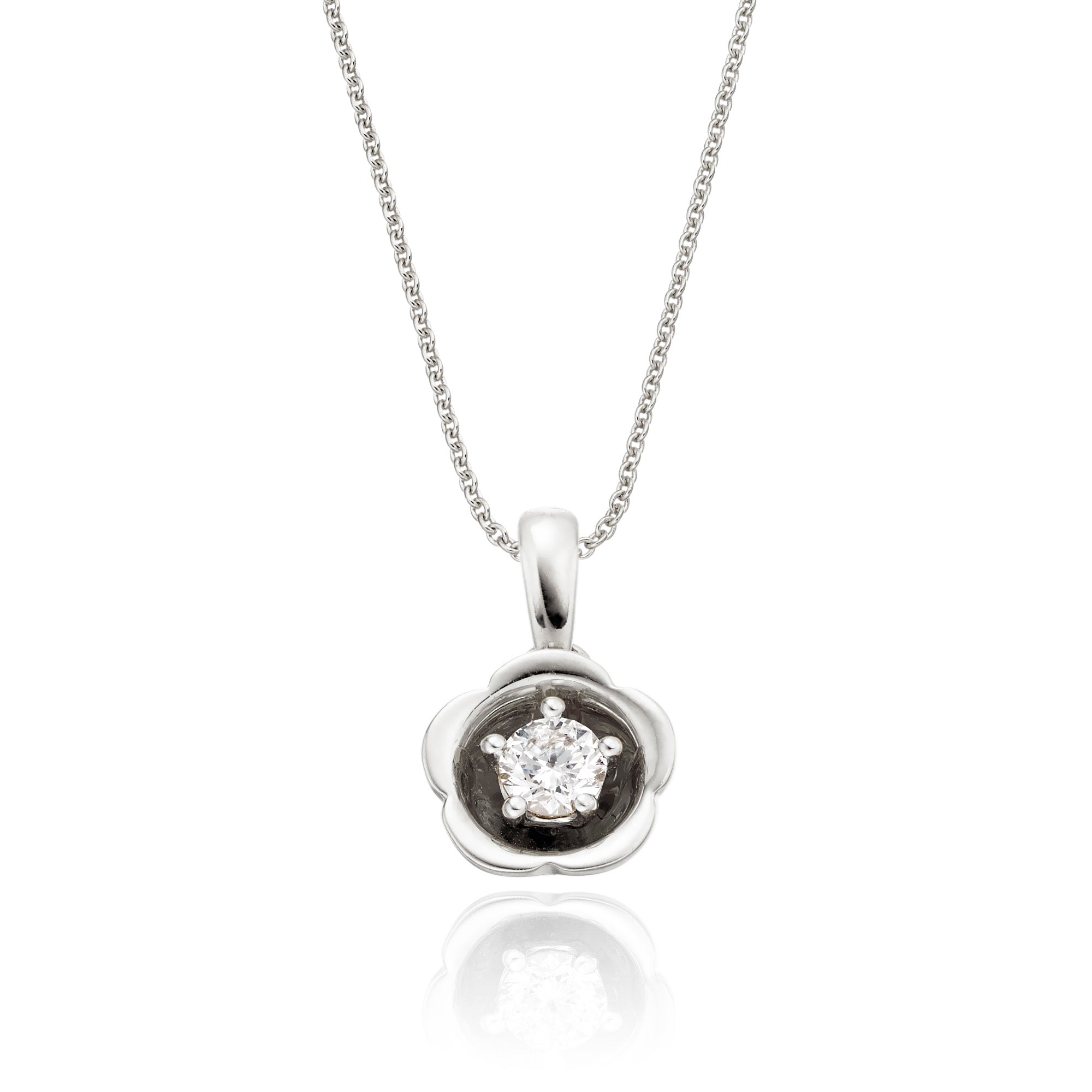 Flower solitaire 0.20ct round diamond pendant in 18K white gold