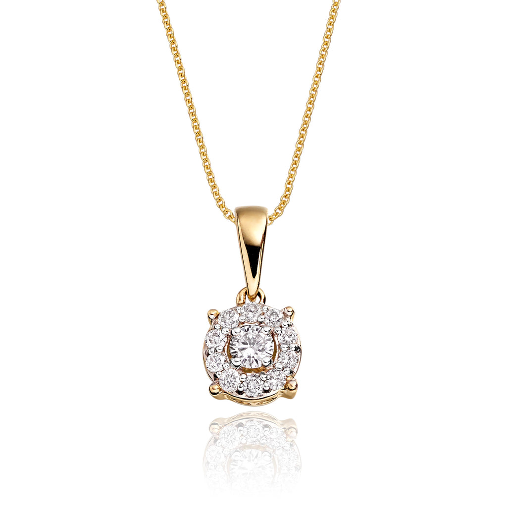 Halo style 0.25ct cluster diamond pendant in 9K yellow gold