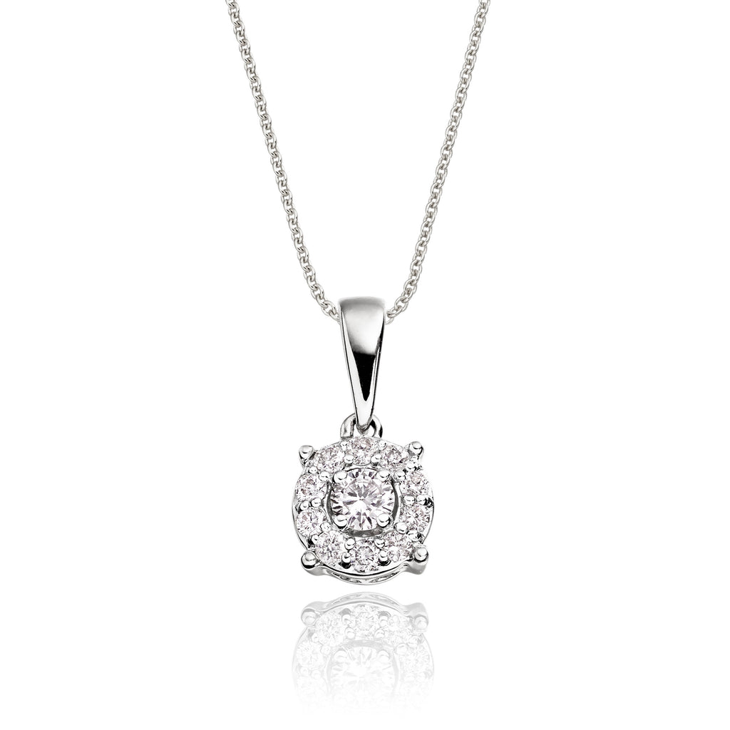 Halo style 0.25ct cluster diamond pendant in 18K white gold