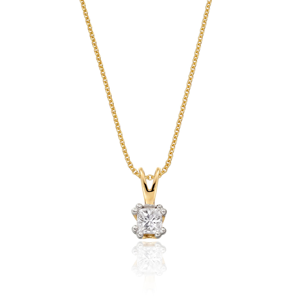 Solitaire 0.20ct double claw princess diamond pendant in 9K yellow gold