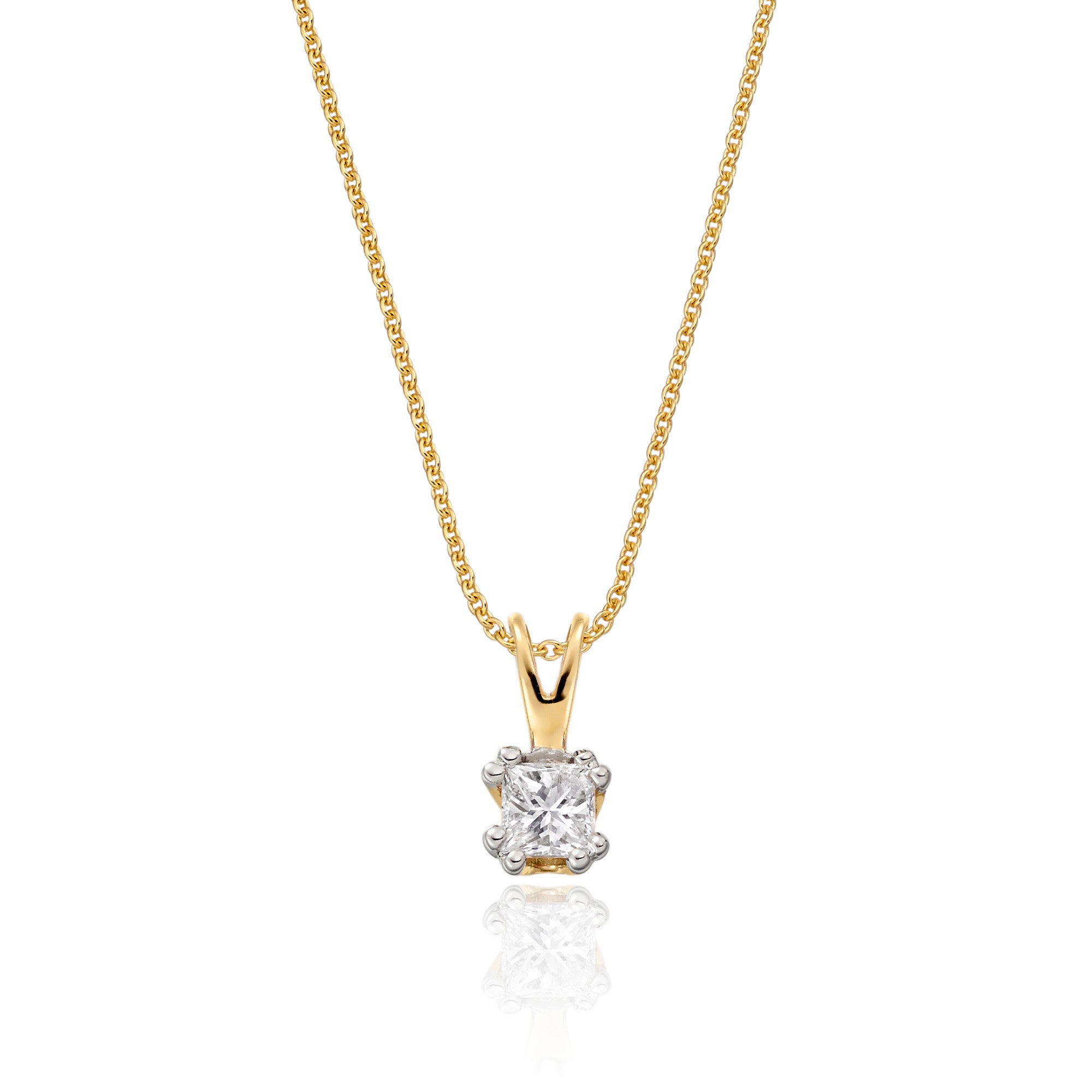 Solitaire 0.20ct double claw princess diamond pendant in 9K yellow gold