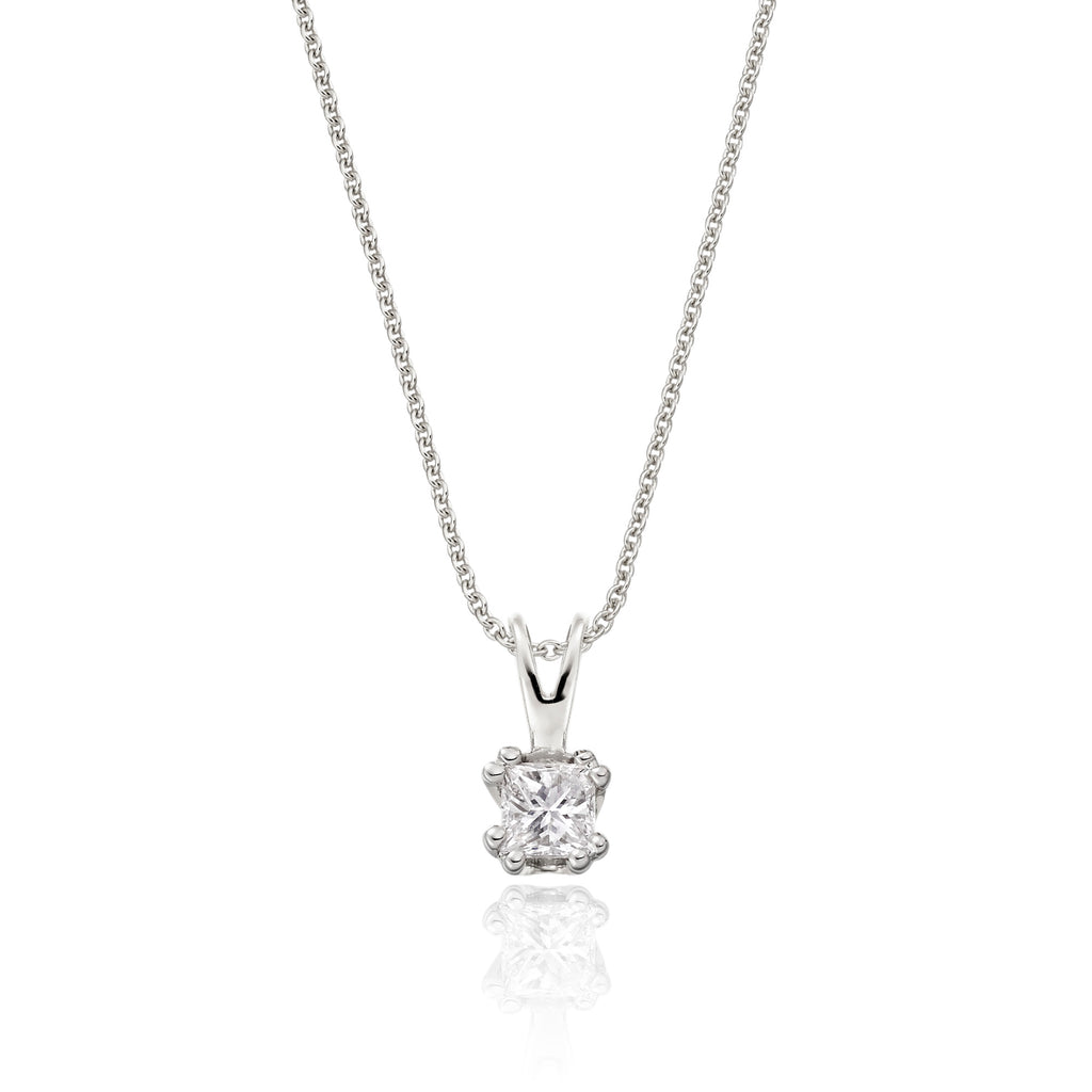 Solitaire 0.20ct double claw princess diamond pendant in 9K white gold