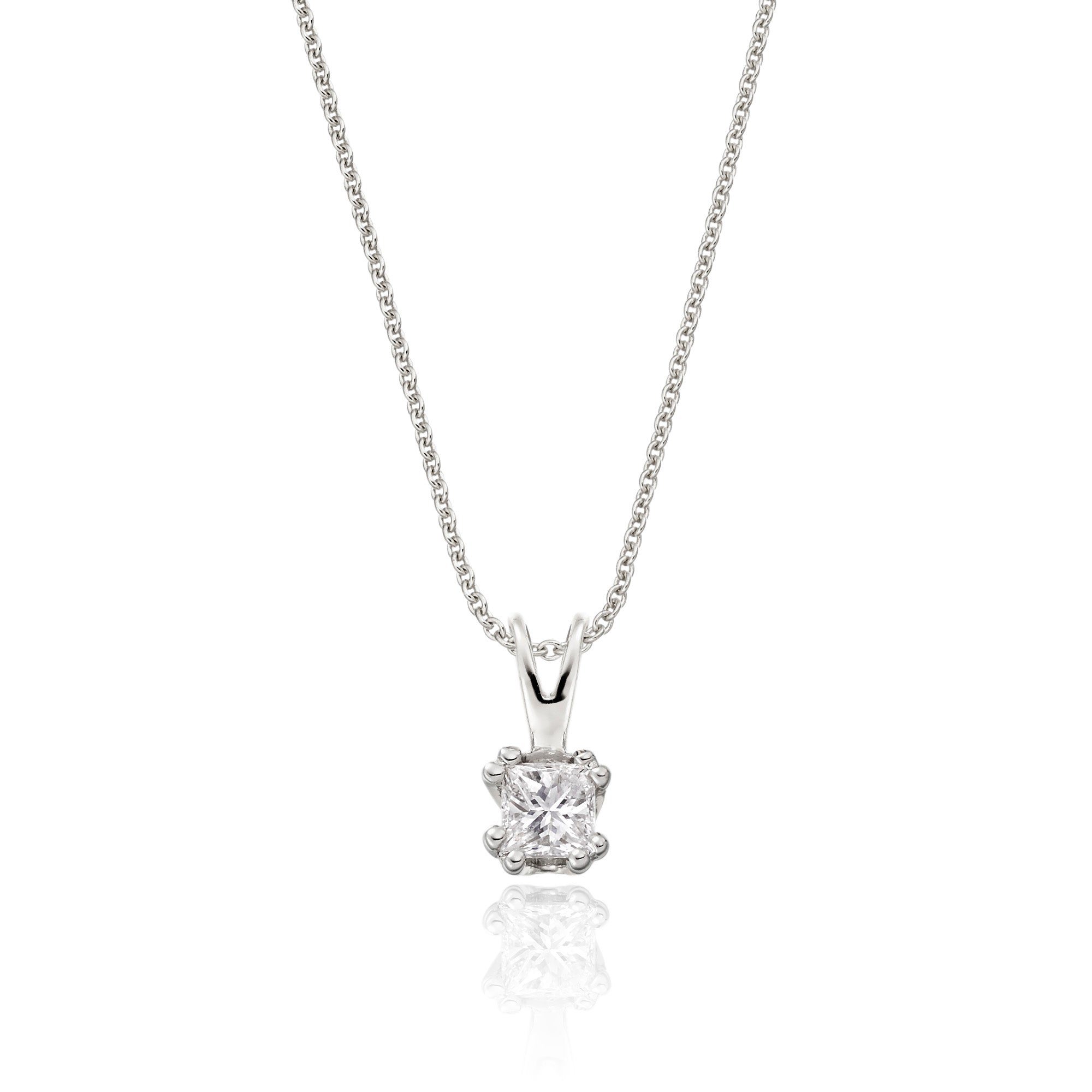 Solitaire 0.20ct double claw princess diamond pendant in 9K white gold