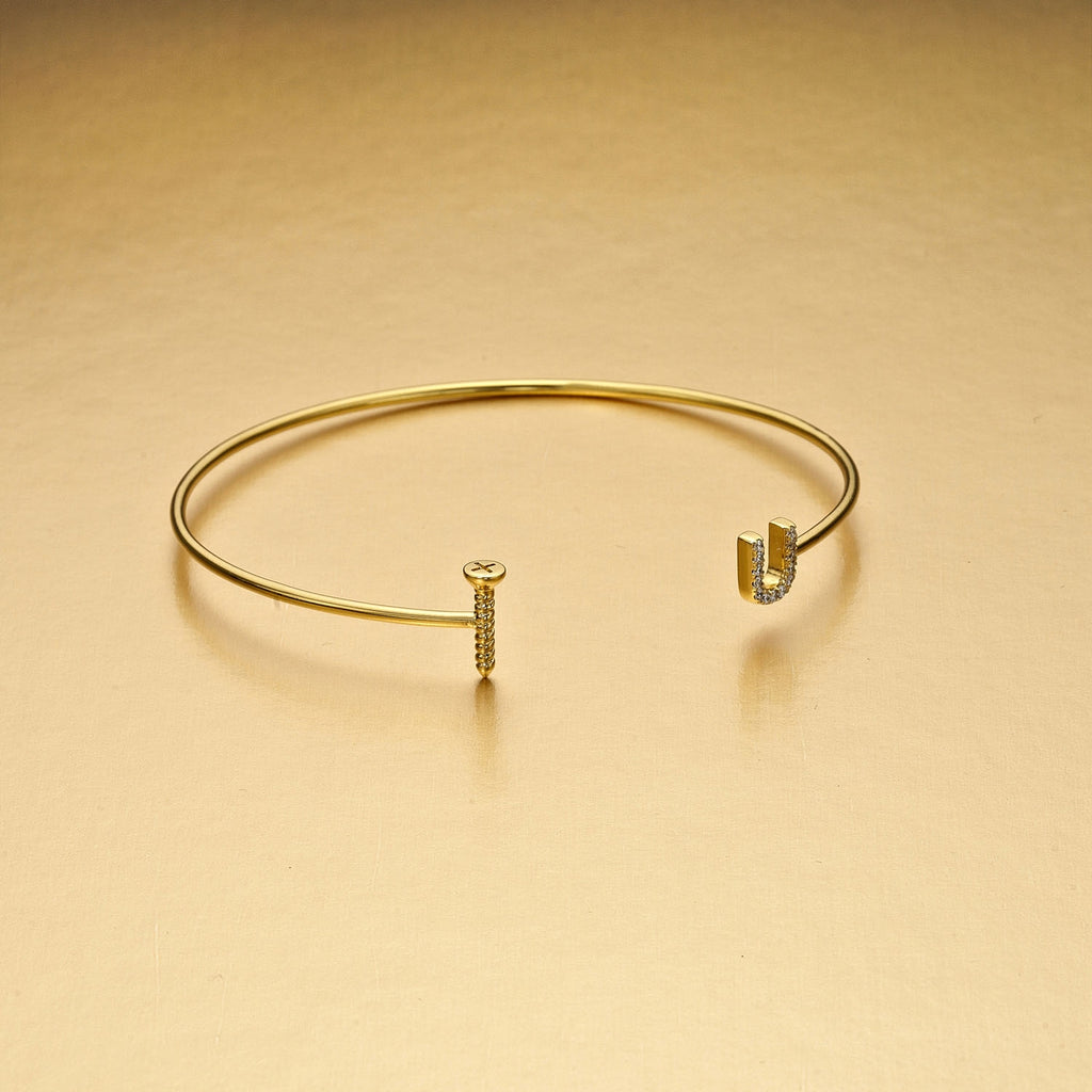 Yellow Gold Plated Sterling Silver 'Screw-U' Bangle with Cubic Zirconia