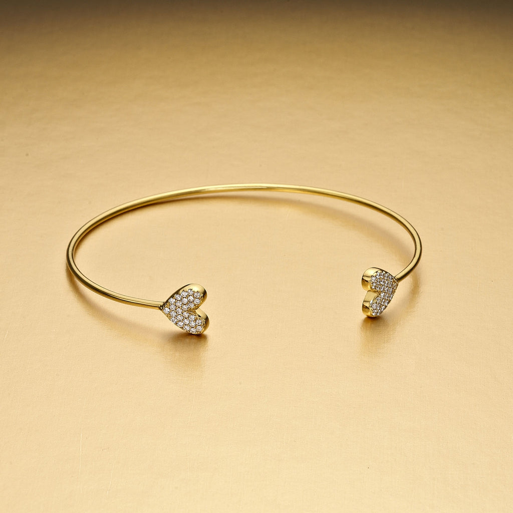 Yellow Gold Plated Sterling Silver Heart Bangle with Cubic Zirconia