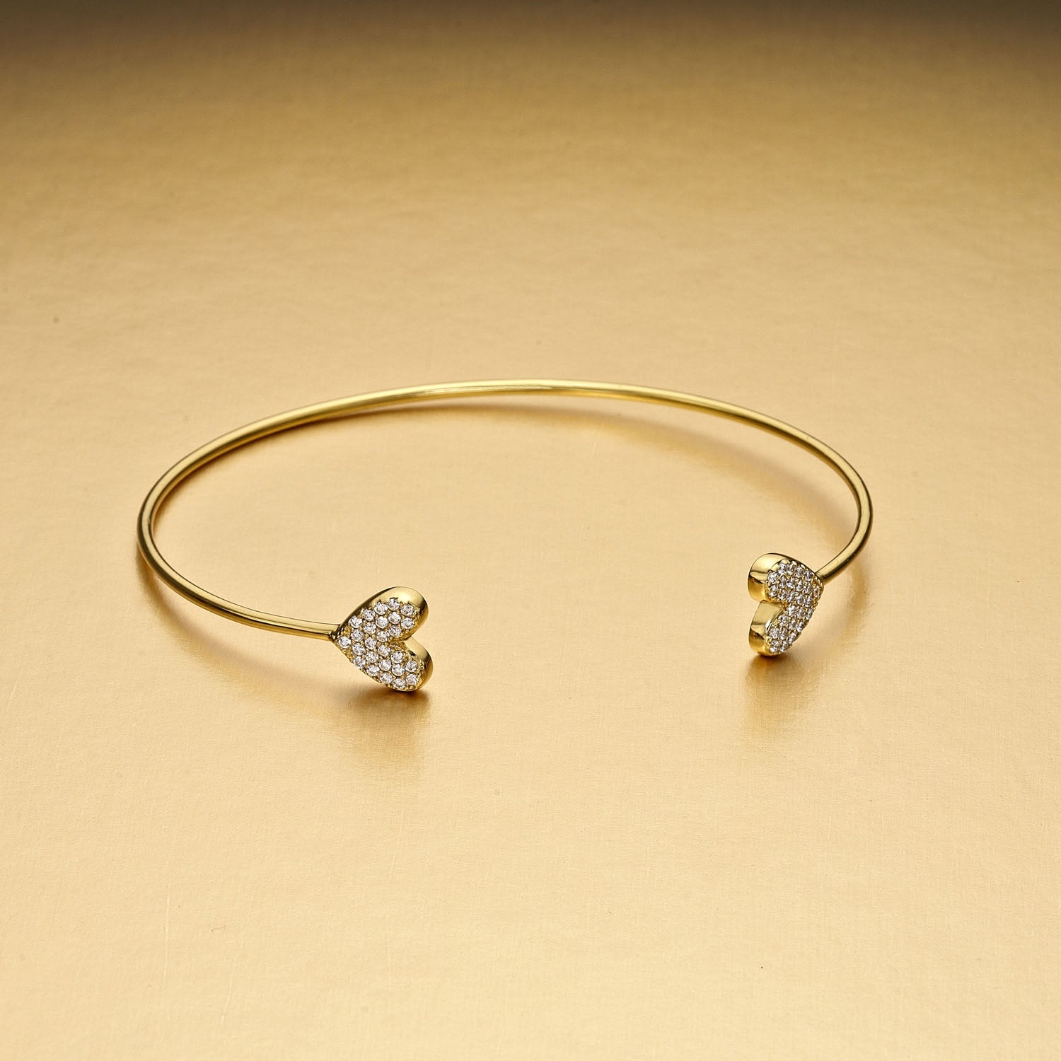 Yellow Gold Plated Sterling Silver Heart Bangle with Cubic Zirconia