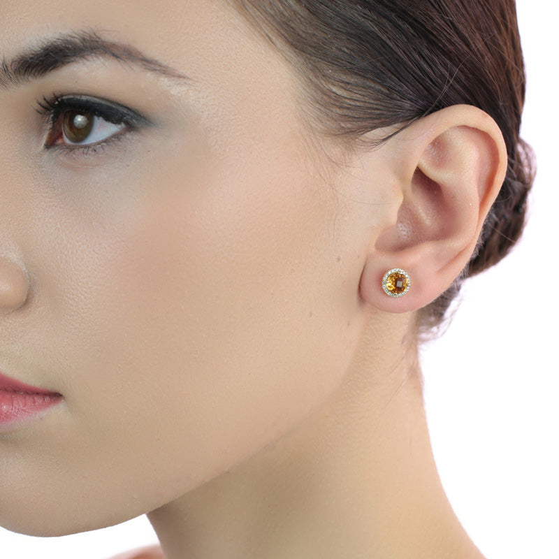 6mm Citrine and 0.12ct diamond stud earrings in 9K yellow gold